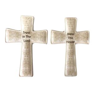 Ceramic Cross Wall Decor Set Of 2 With Blessings & Inspirational Text